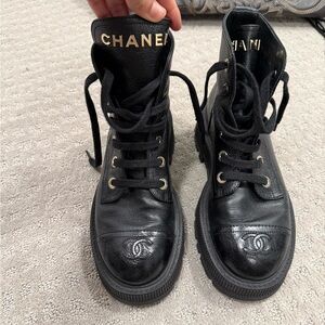 CHANEL Black Leather Lace-Up Boots